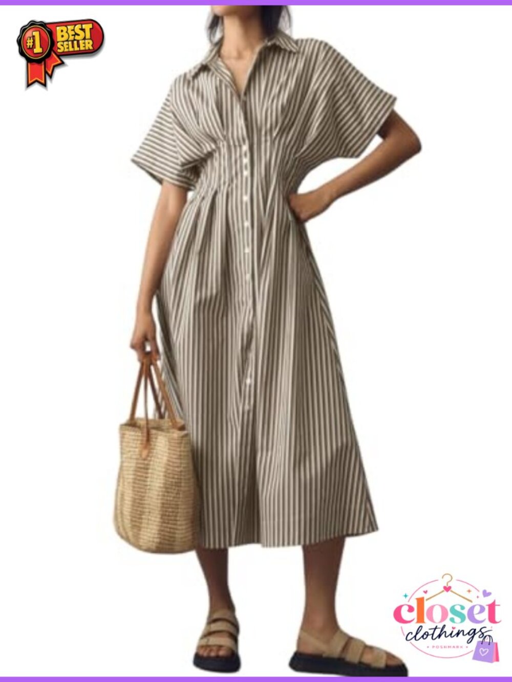 Women's Striped Button Down Maxi Shirt Dress Pleated Short Sleeve Business
